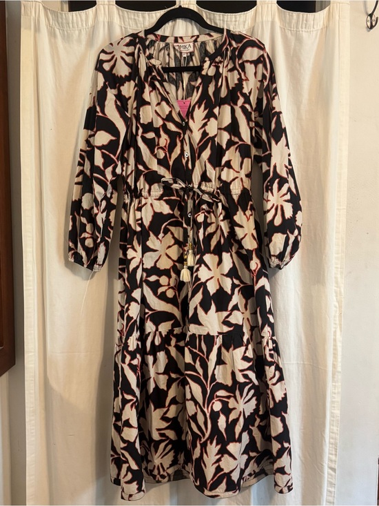 Omika Dresses & Skirts - Omika Emerson Black, Coral, & Cream Floral Tie-Waist Midi Dress Bianca Cliff XS